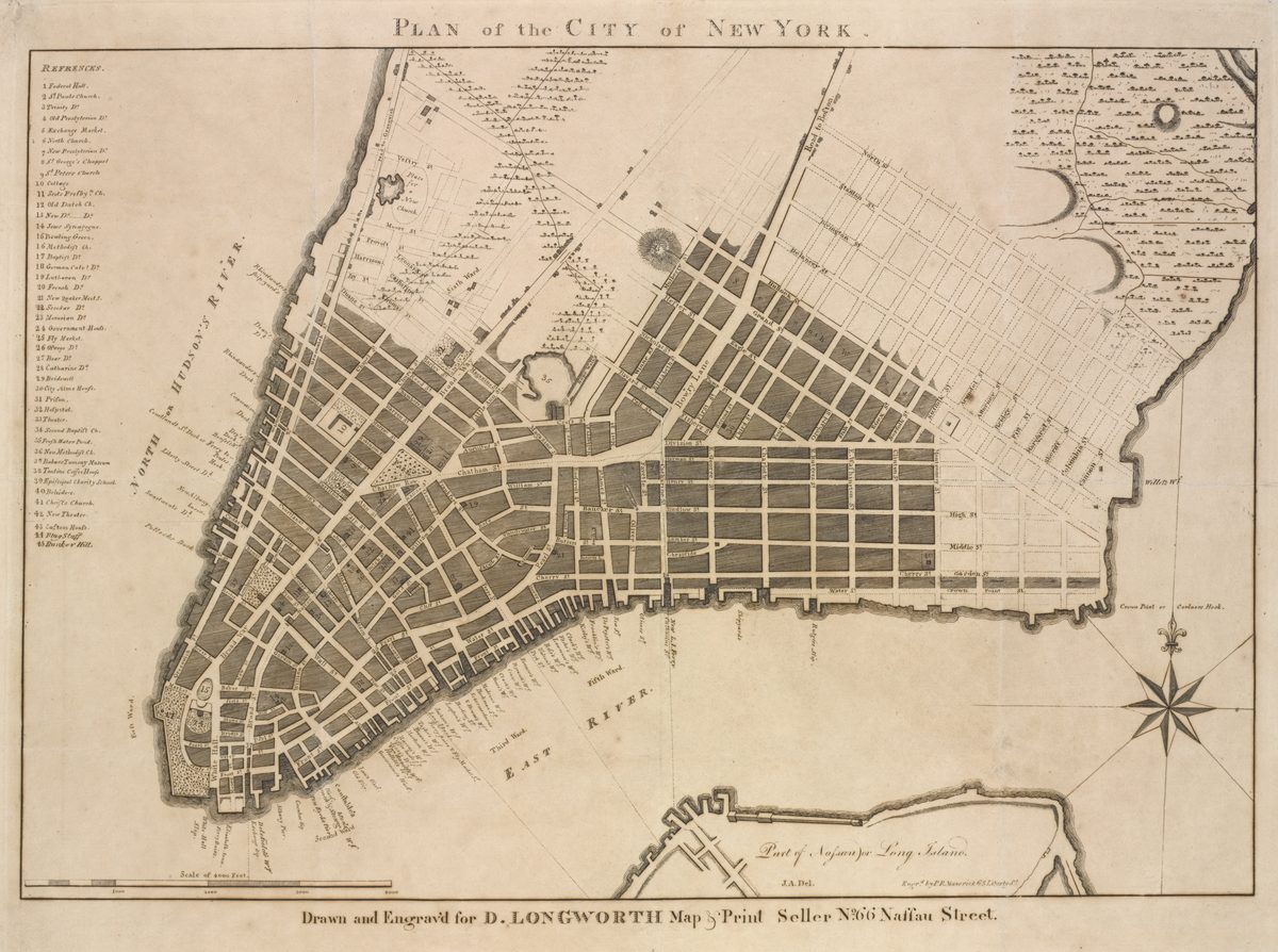 Plan of the City of New York, drawn and engraved for D. Longworth in the 1790s, showing the street grid and blocks of the early city