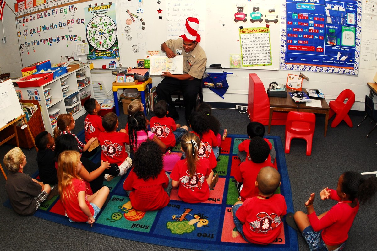 A sailor reading aloud to a kindergarten class